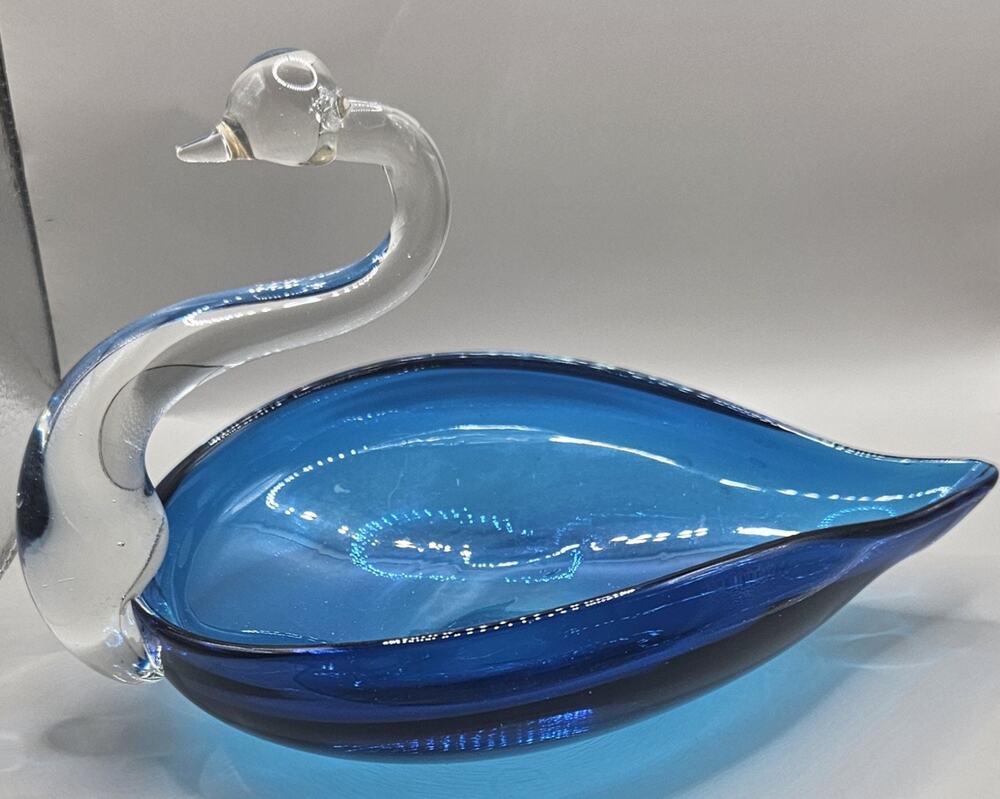 Vtg Murano Art Glass Aqua Blue Clear Swan Candy/Trinket Dish